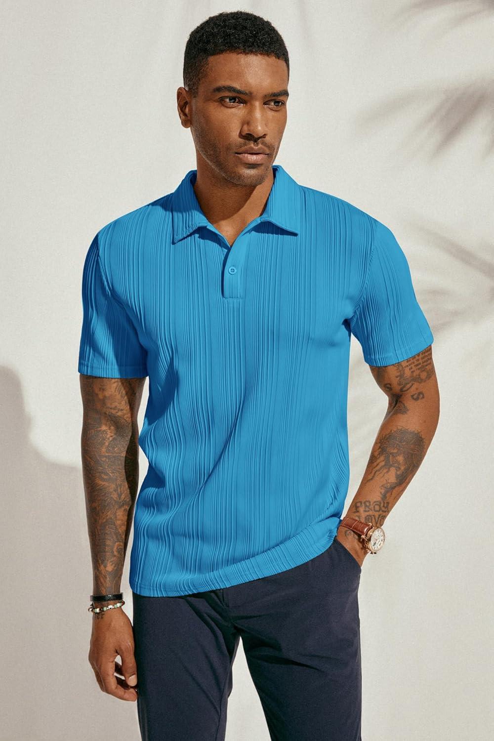 imagePJ PAUL JONES Mens Textured Knit Polo Shirts Regular Fit Stretchy Golf ShirtsDenim Blue