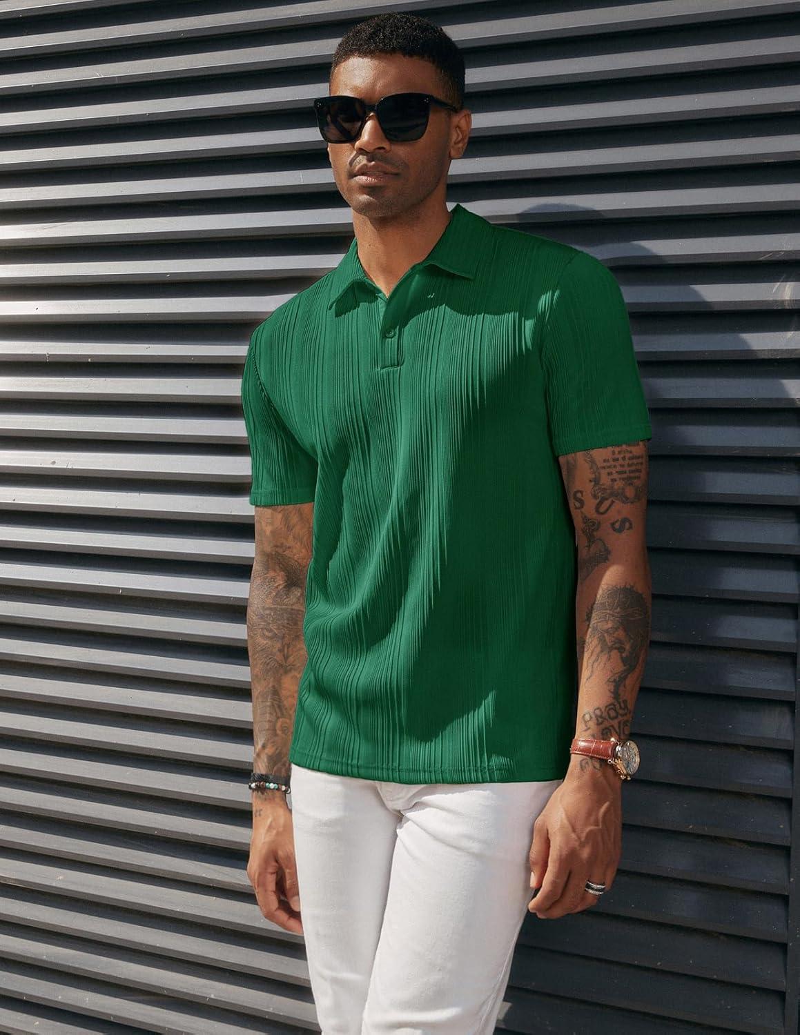 imagePJ PAUL JONES Mens Textured Knit Polo Shirts Regular Fit Stretchy Golf ShirtsGreen