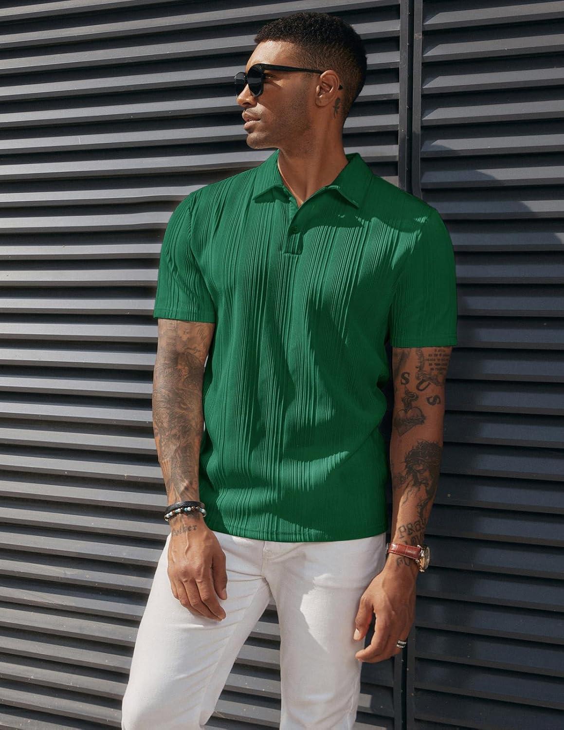 imagePJ PAUL JONES Mens Textured Knit Polo Shirts Regular Fit Stretchy Golf ShirtsGreen