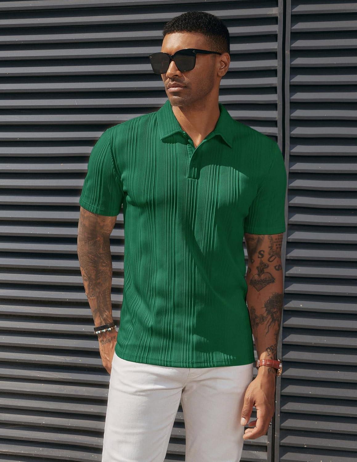 imagePJ PAUL JONES Mens Textured Knit Polo Shirts Regular Fit Stretchy Golf ShirtsGreen