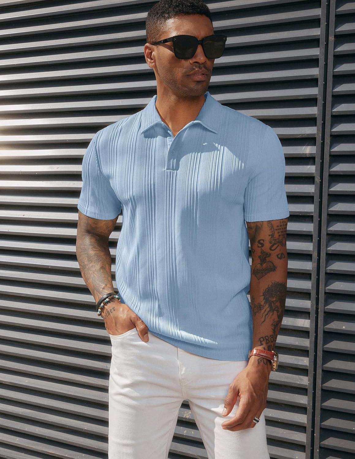 imagePJ PAUL JONES Mens Textured Knit Polo Shirts Regular Fit Stretchy Golf ShirtsLight Blue