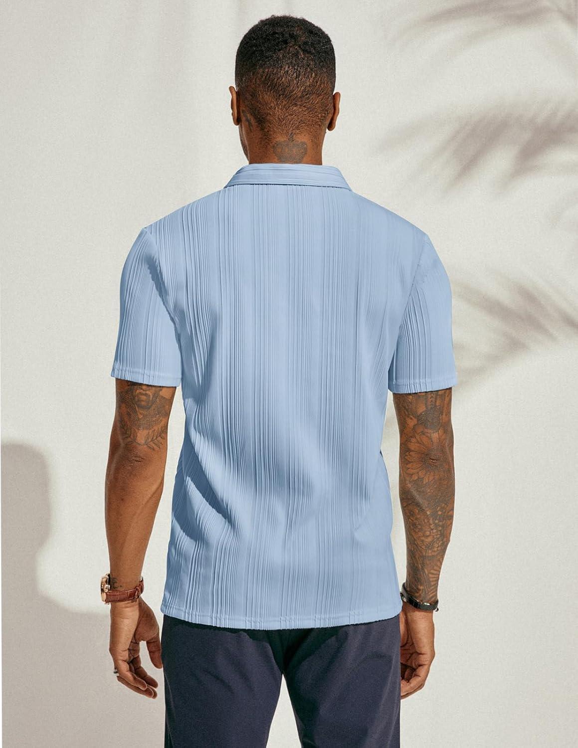 imagePJ PAUL JONES Mens Textured Knit Polo Shirts Regular Fit Stretchy Golf ShirtsLight Blue