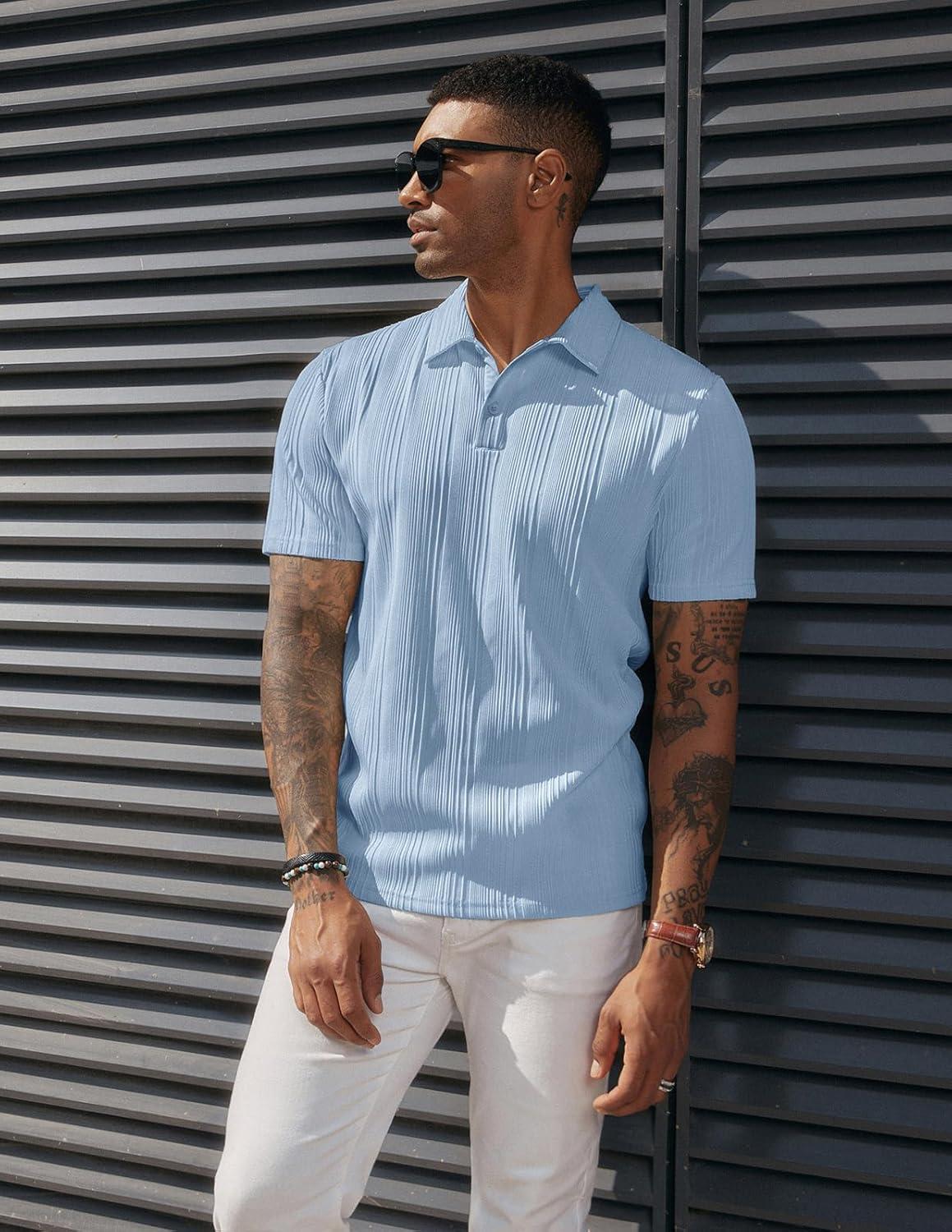 imagePJ PAUL JONES Mens Textured Knit Polo Shirts Regular Fit Stretchy Golf ShirtsLight Blue