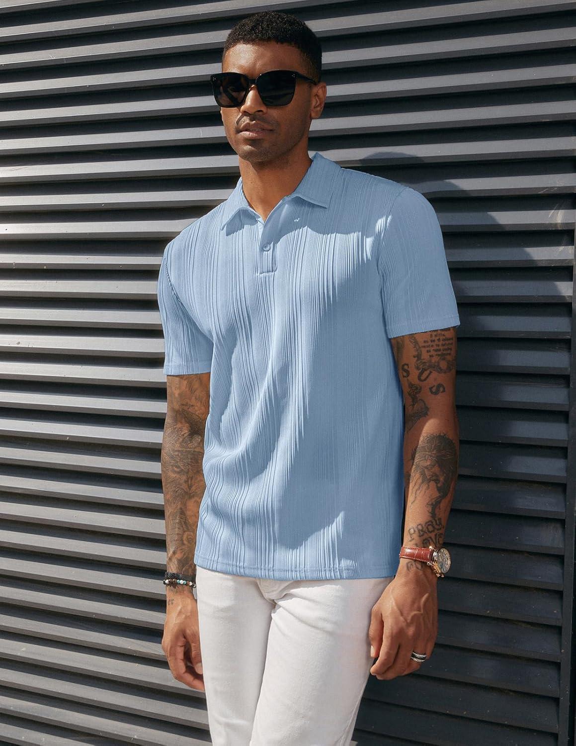 imagePJ PAUL JONES Mens Textured Knit Polo Shirts Regular Fit Stretchy Golf ShirtsLight Blue