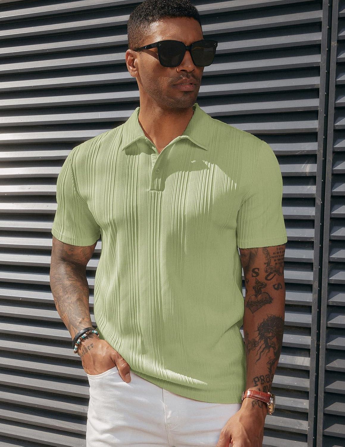 imagePJ PAUL JONES Mens Textured Knit Polo Shirts Regular Fit Stretchy Golf ShirtsLight Green