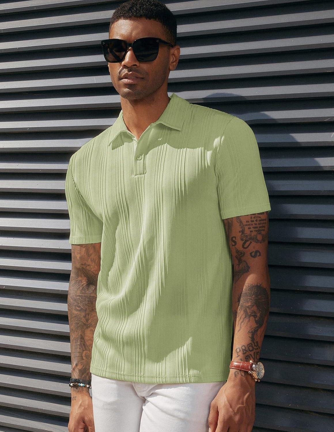 imagePJ PAUL JONES Mens Textured Knit Polo Shirts Regular Fit Stretchy Golf ShirtsLight Green