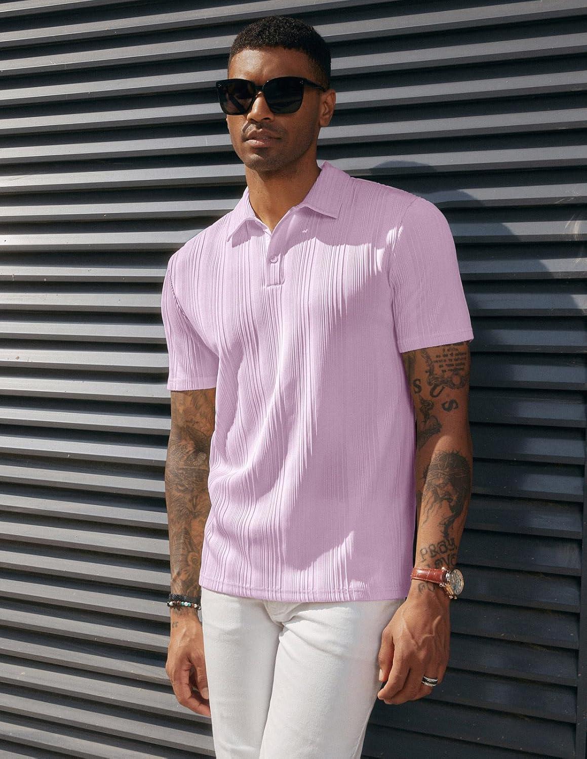 imagePJ PAUL JONES Mens Textured Knit Polo Shirts Regular Fit Stretchy Golf ShirtsLight Pink