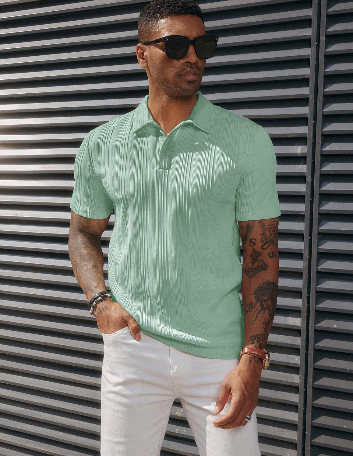imagePJ PAUL JONES Mens Textured Knit Polo Shirts Regular Fit Stretchy Golf ShirtsMint Green