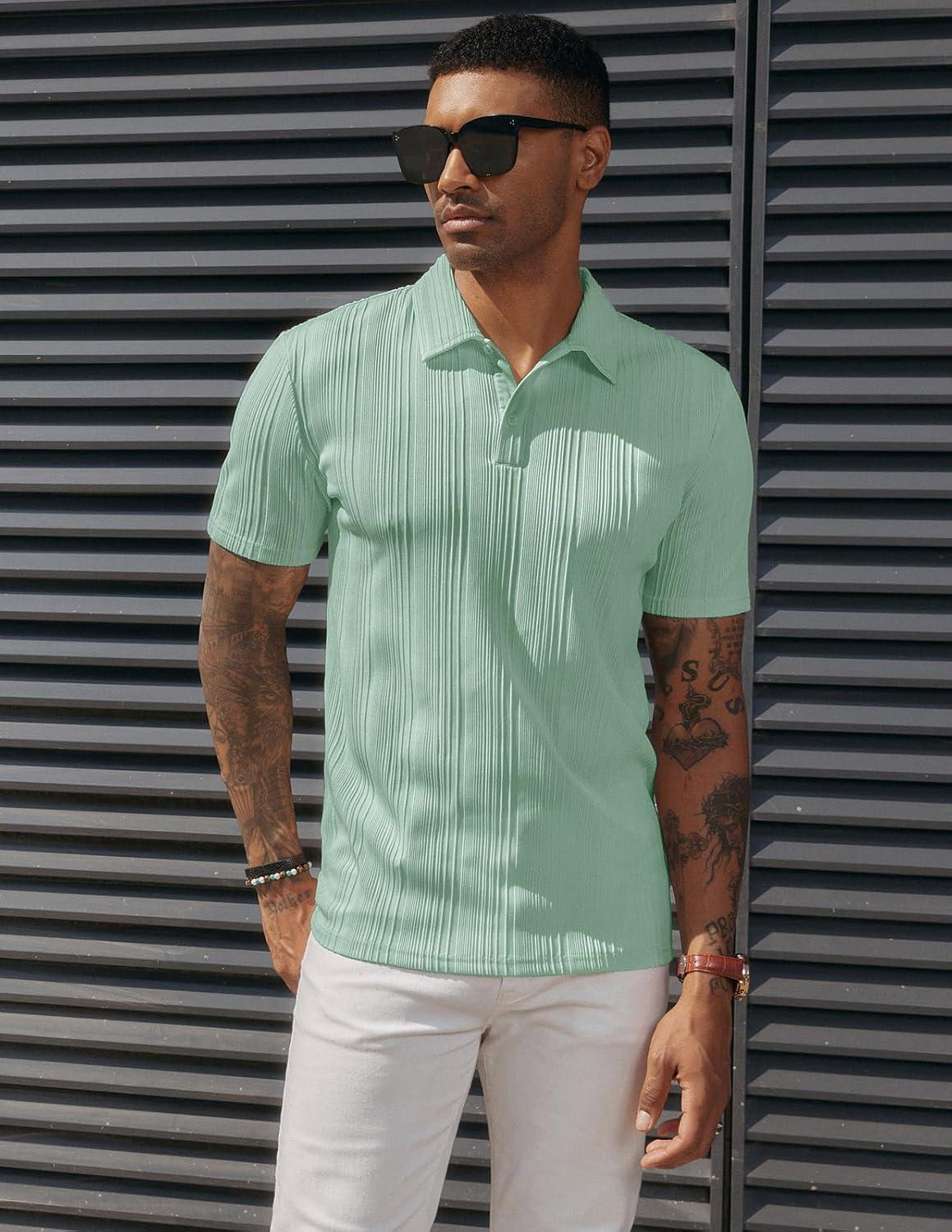 imagePJ PAUL JONES Mens Textured Knit Polo Shirts Regular Fit Stretchy Golf ShirtsMint Green