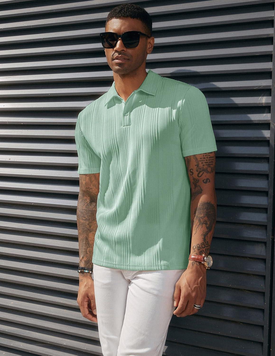 imagePJ PAUL JONES Mens Textured Knit Polo Shirts Regular Fit Stretchy Golf ShirtsMint Green