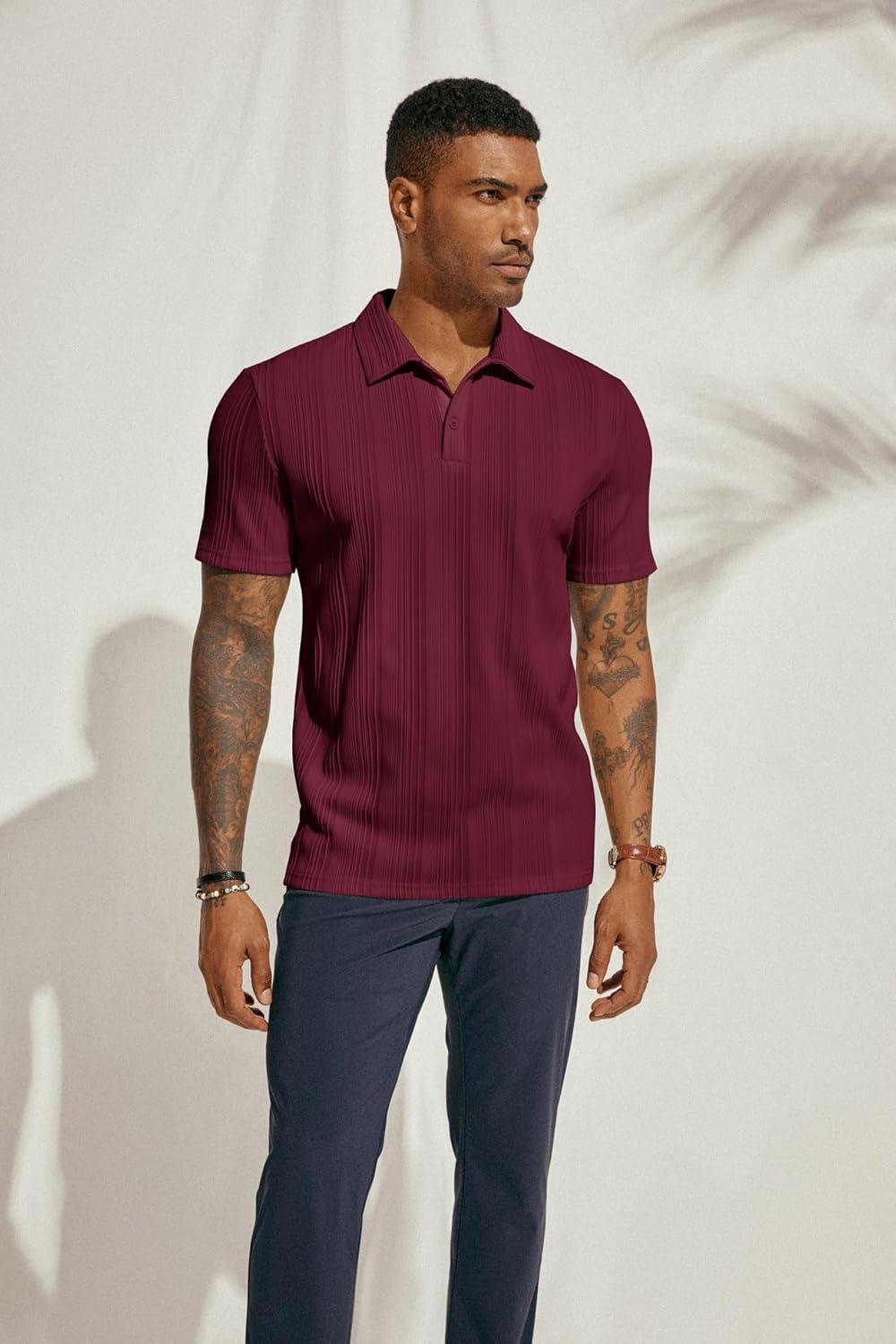 imagePJ PAUL JONES Mens Textured Knit Polo Shirts Regular Fit Stretchy Golf ShirtsRed