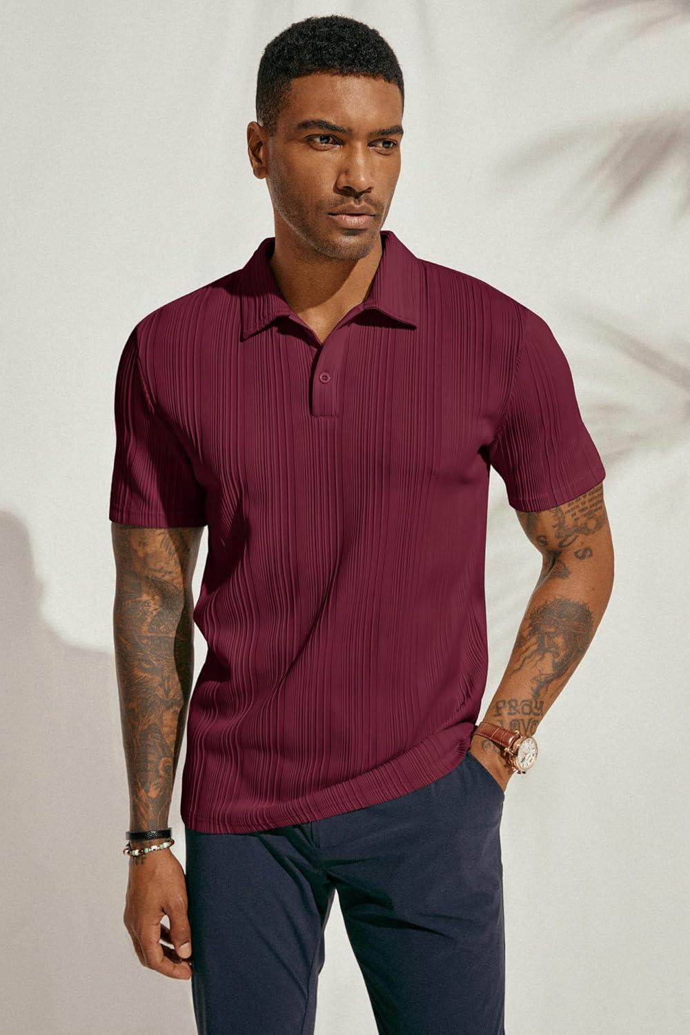 imagePJ PAUL JONES Mens Textured Knit Polo Shirts Regular Fit Stretchy Golf ShirtsRed