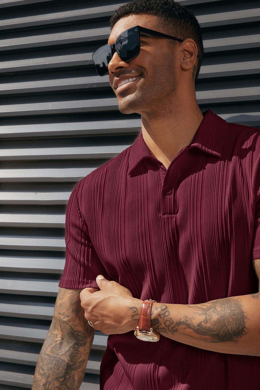 imagePJ PAUL JONES Mens Textured Knit Polo Shirts Regular Fit Stretchy Golf ShirtsRed