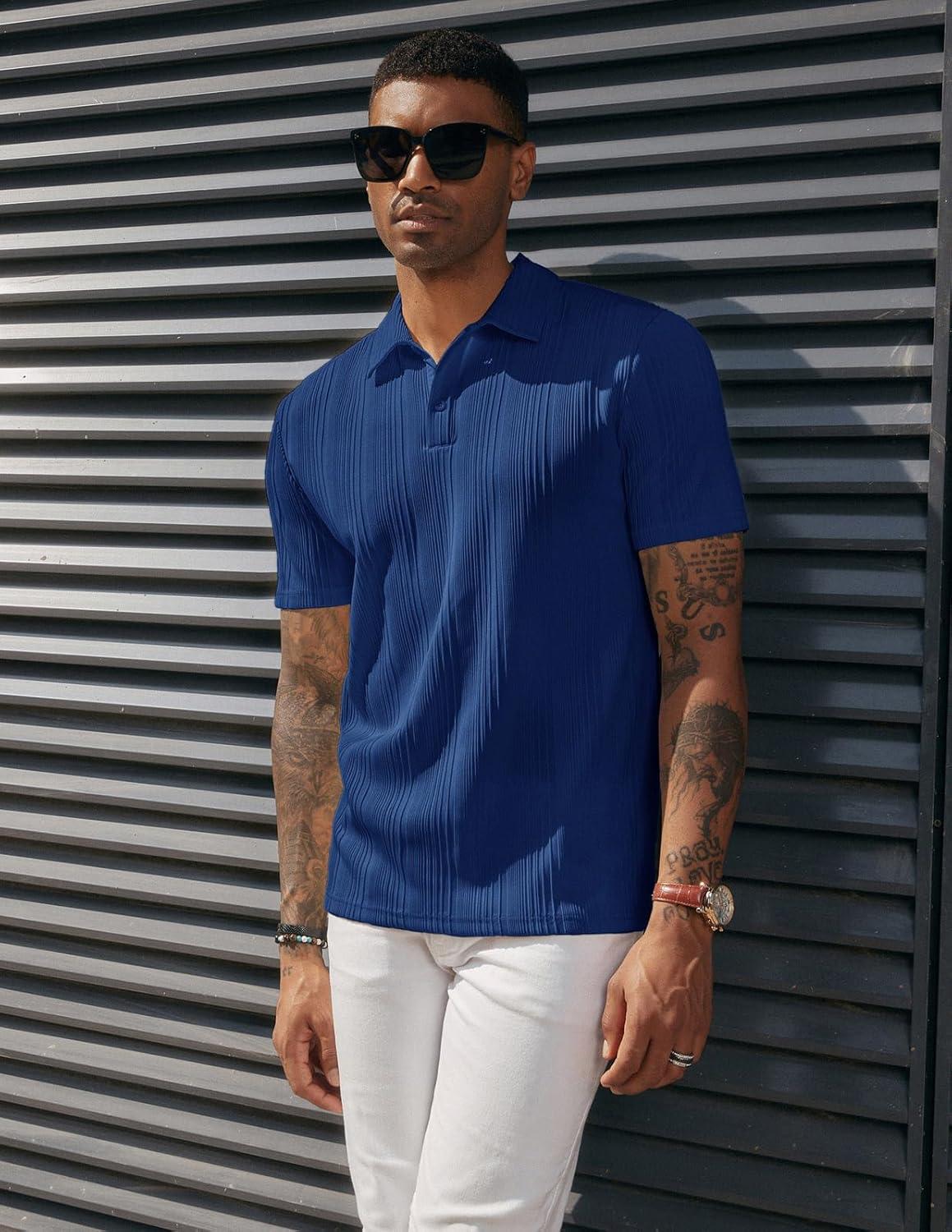 imagePJ PAUL JONES Mens Textured Knit Polo Shirts Regular Fit Stretchy Golf ShirtsRoyal Blue