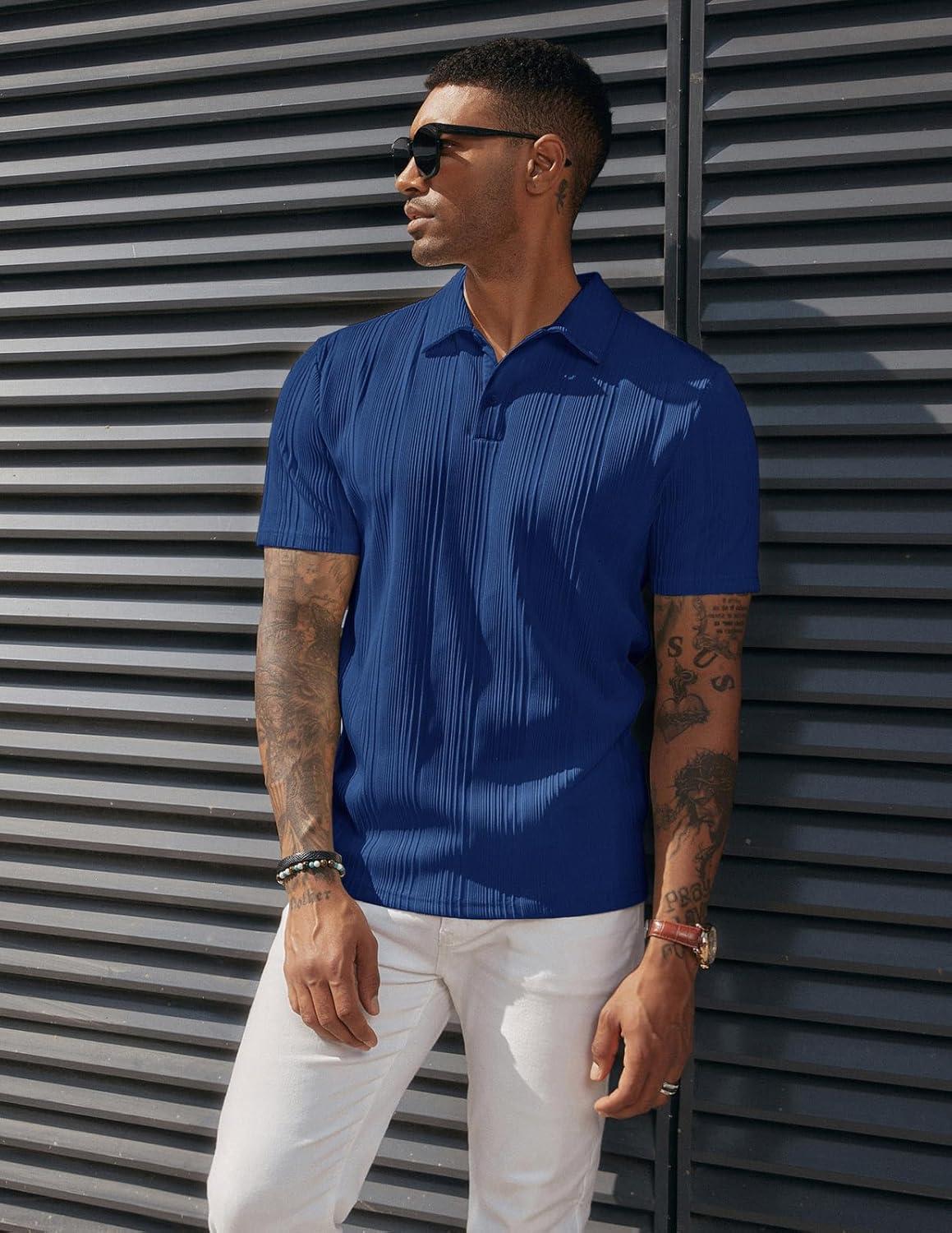 imagePJ PAUL JONES Mens Textured Knit Polo Shirts Regular Fit Stretchy Golf ShirtsRoyal Blue