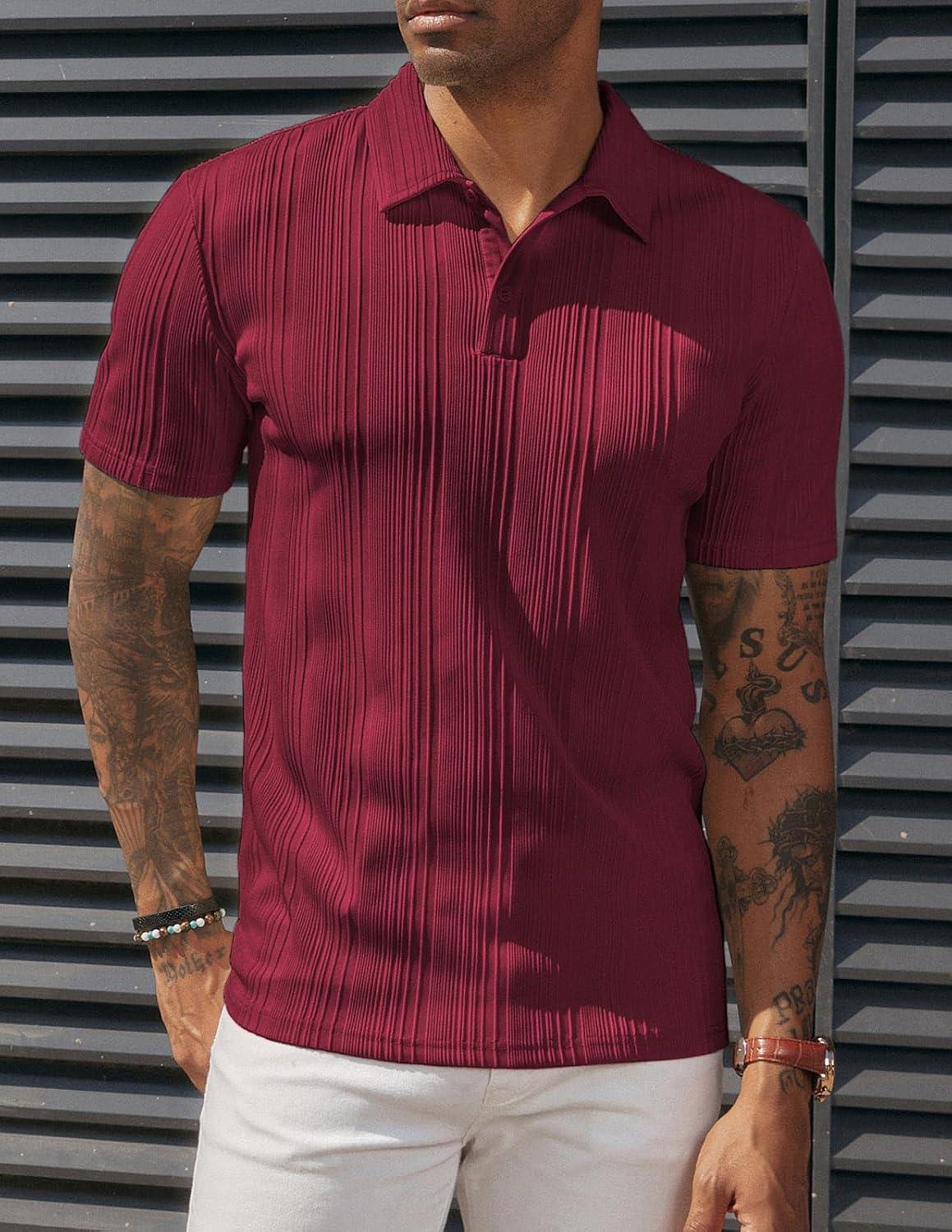 imagePJ PAUL JONES Mens Textured Knit Polo Shirts Regular Fit Stretchy Golf ShirtsWine