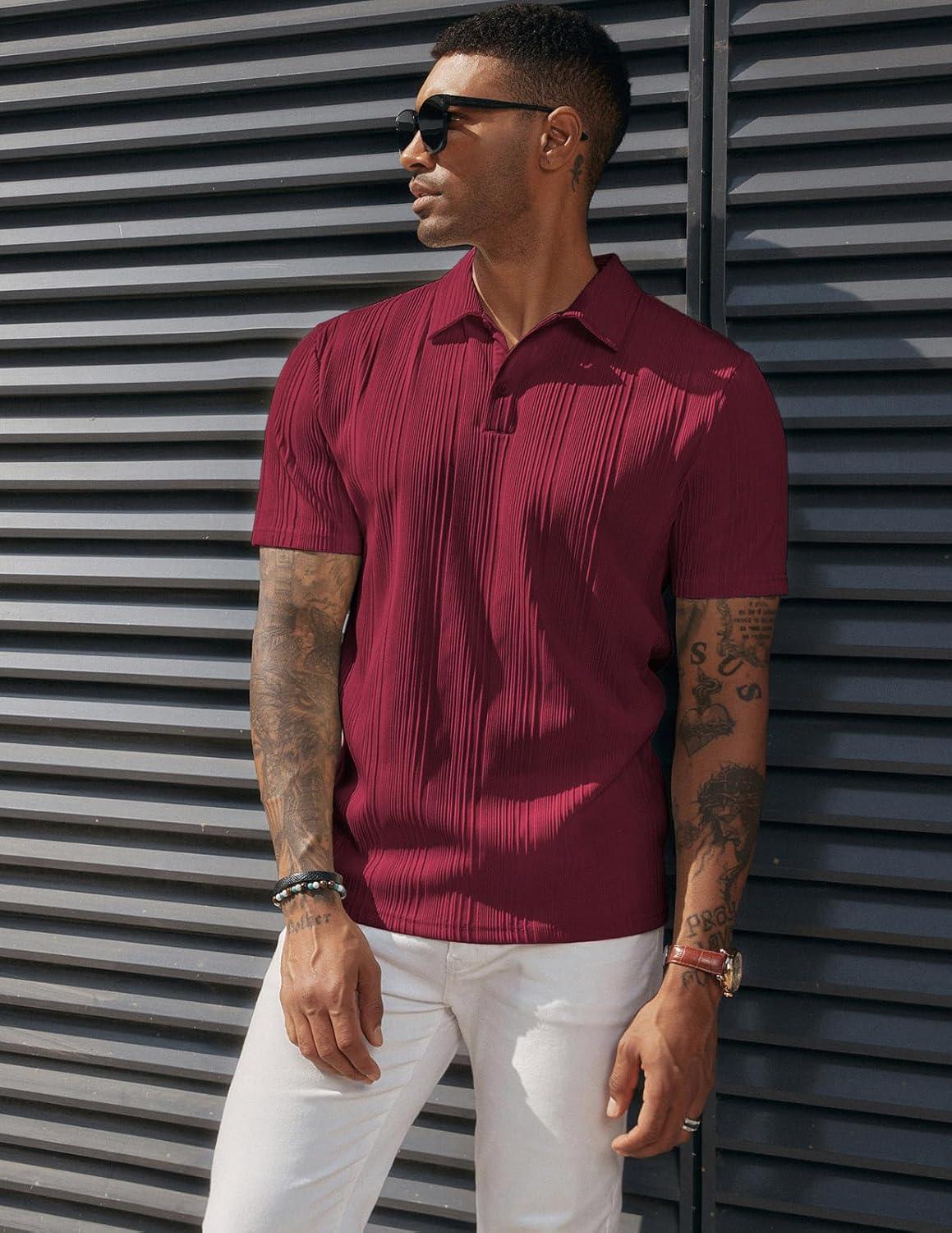 imagePJ PAUL JONES Mens Textured Knit Polo Shirts Regular Fit Stretchy Golf ShirtsWine