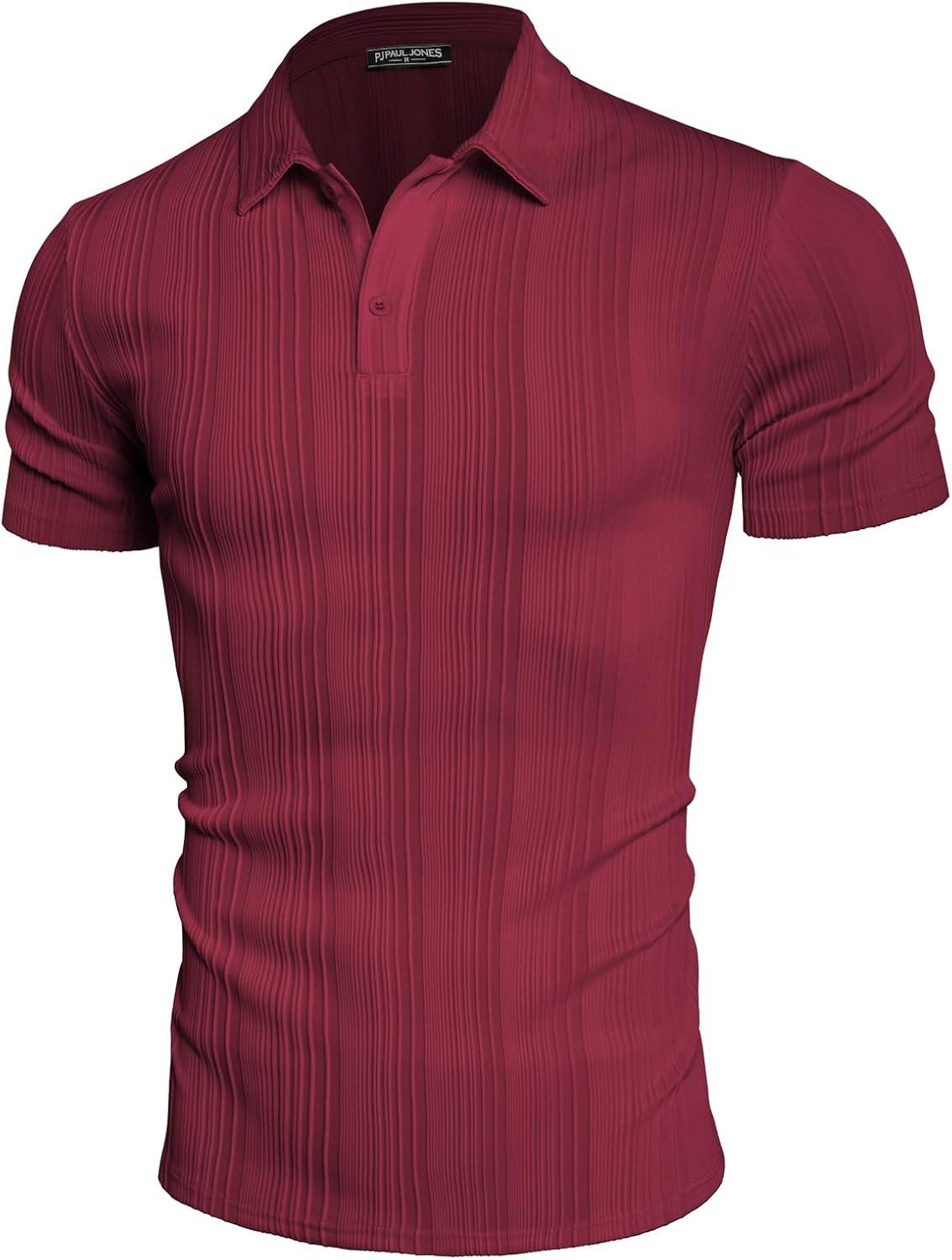 imagePJ PAUL JONES Mens Textured Knit Polo Shirts Regular Fit Stretchy Golf ShirtsWine