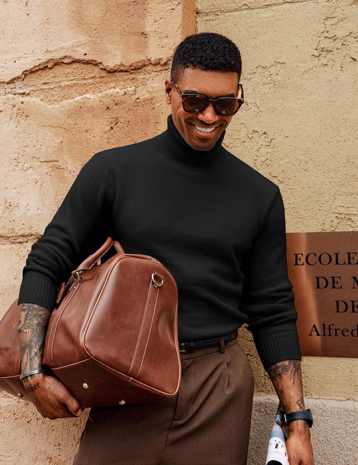 imagePJ PAUL JONES Mens Turtleneck Sweaters Long Sleeve Mock Neck Knit Sweaters Ribbed Slim Pullover SweaterBlack