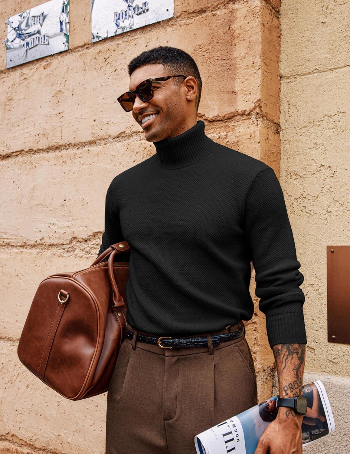 imagePJ PAUL JONES Mens Turtleneck Sweaters Long Sleeve Mock Neck Knit Sweaters Ribbed Slim Pullover SweaterBlack