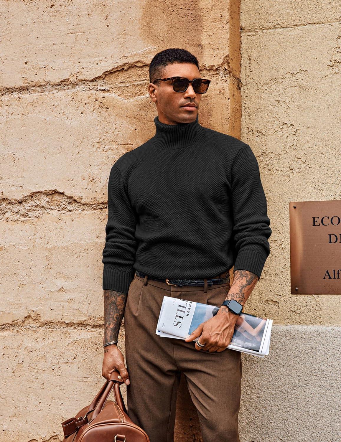 imagePJ PAUL JONES Mens Turtleneck Sweaters Long Sleeve Mock Neck Knit Sweaters Ribbed Slim Pullover SweaterBlack