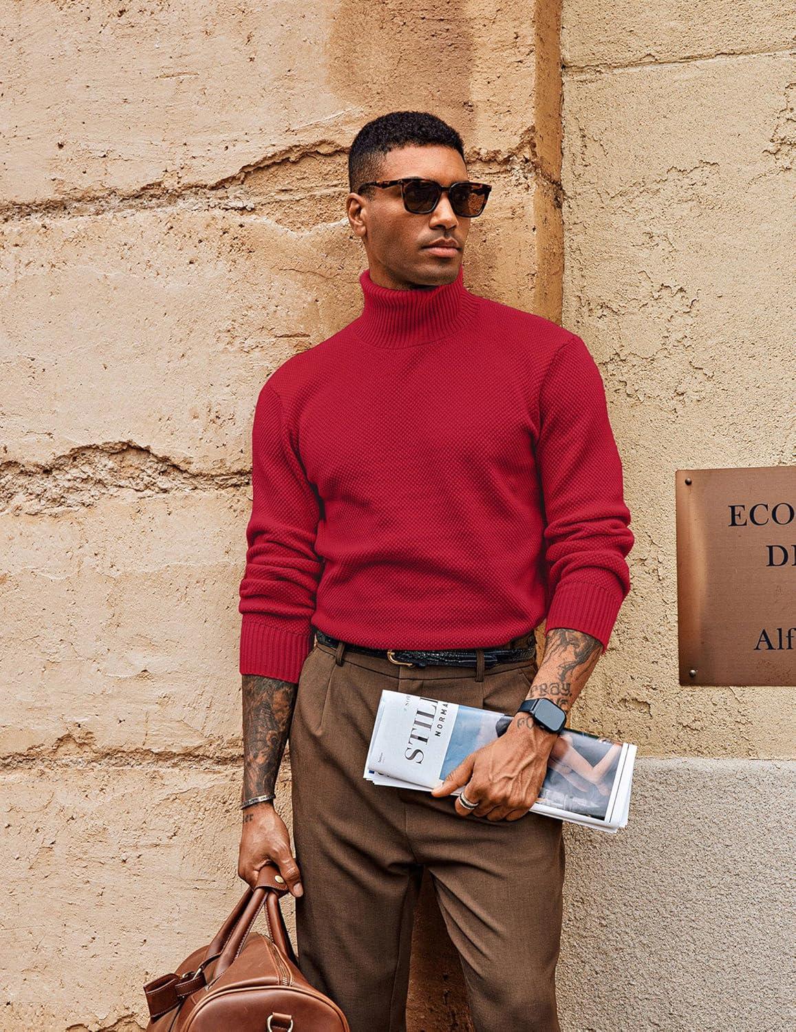 imagePJ PAUL JONES Mens Turtleneck Sweaters Long Sleeve Mock Neck Knit Sweaters Ribbed Slim Pullover SweaterBright Red