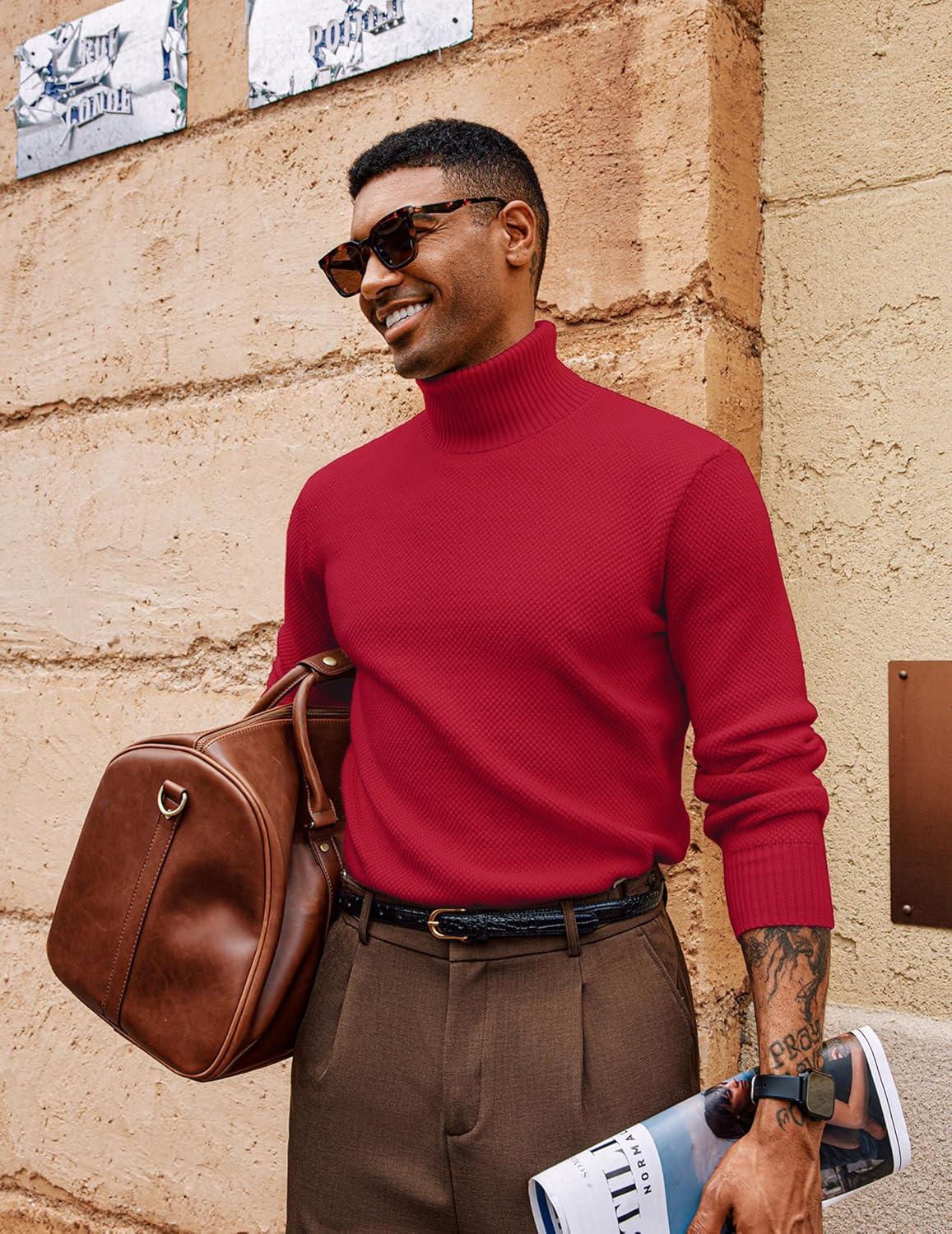 imagePJ PAUL JONES Mens Turtleneck Sweaters Long Sleeve Mock Neck Knit Sweaters Ribbed Slim Pullover SweaterBright Red