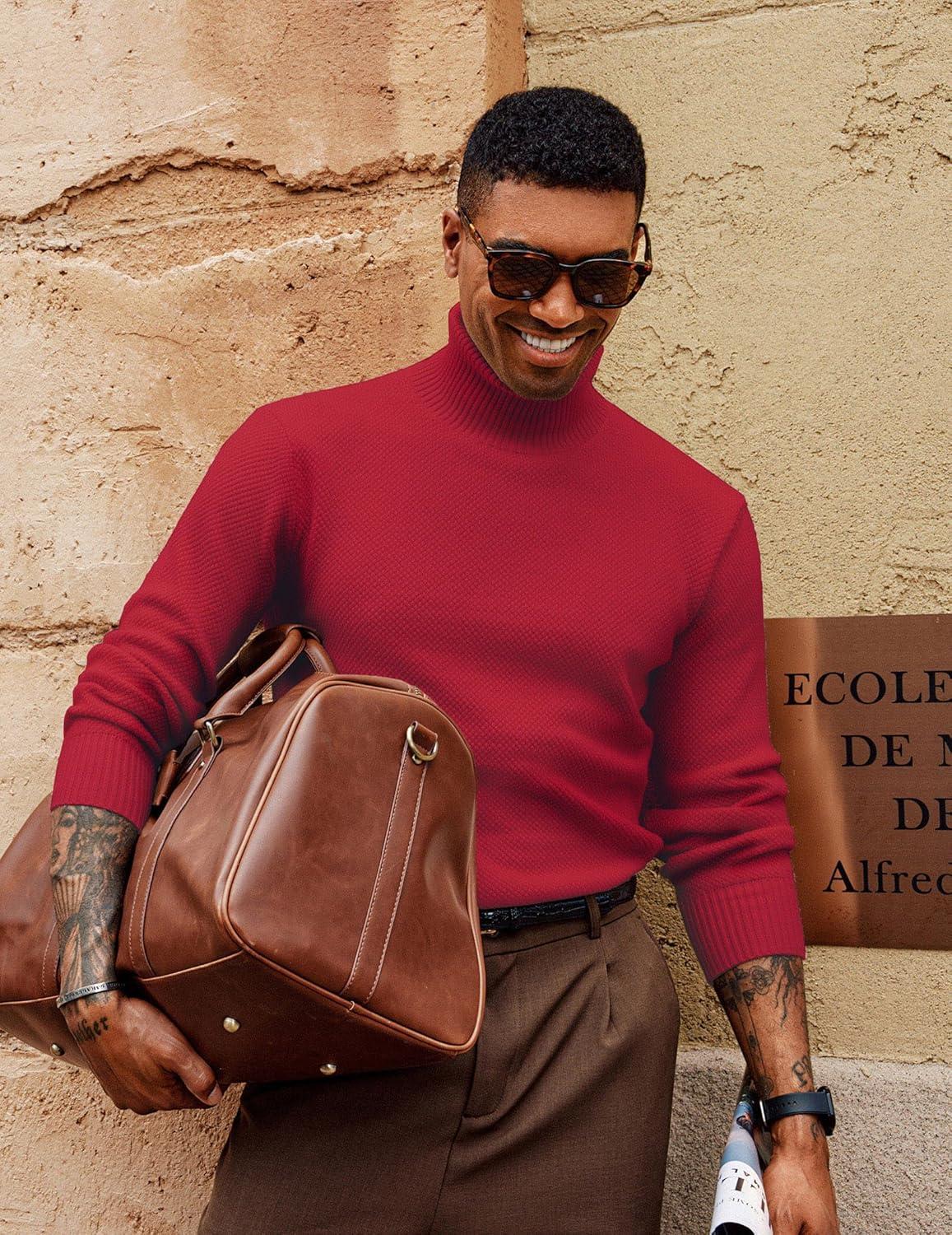 imagePJ PAUL JONES Mens Turtleneck Sweaters Long Sleeve Mock Neck Knit Sweaters Ribbed Slim Pullover SweaterBright Red