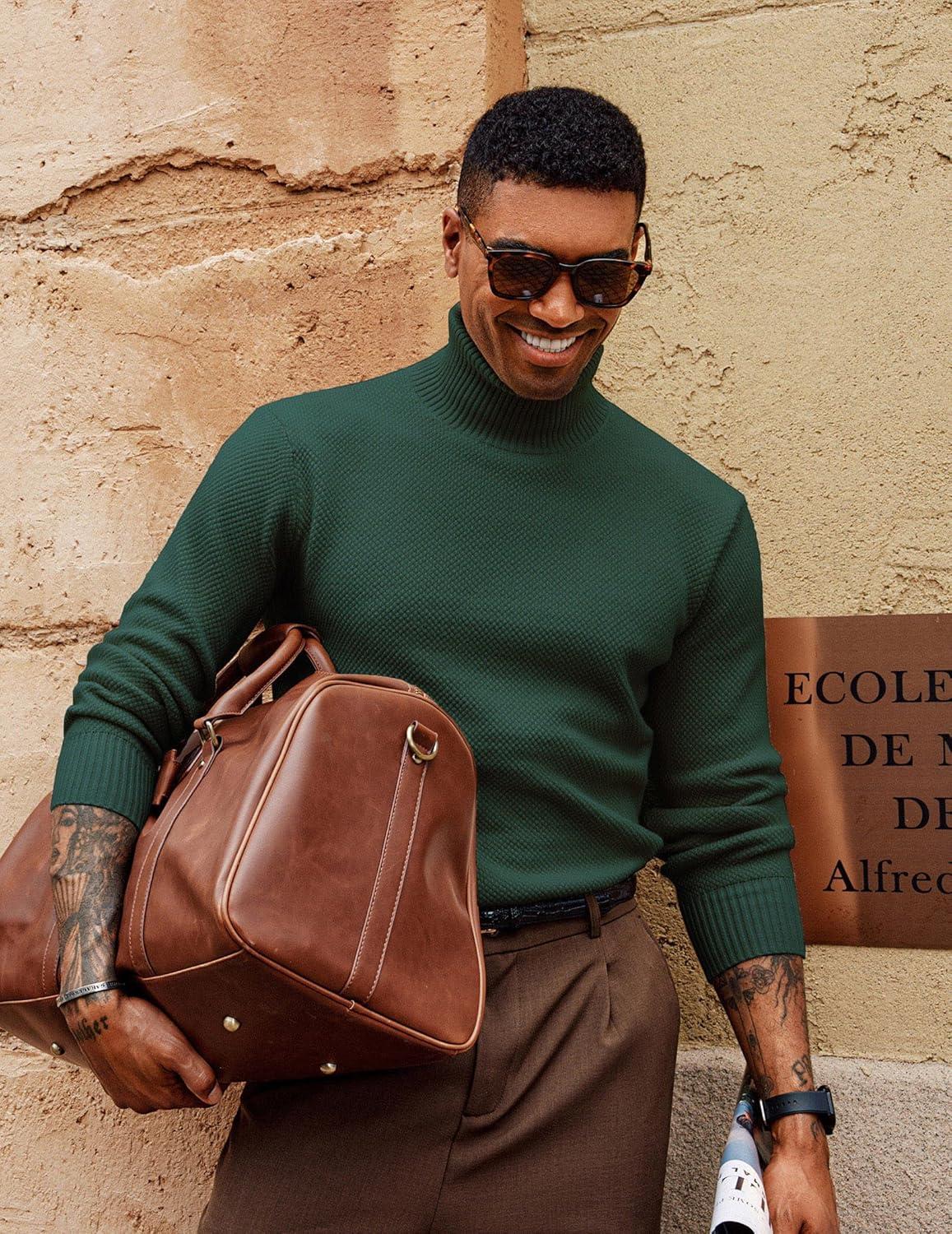 imagePJ PAUL JONES Mens Turtleneck Sweaters Long Sleeve Mock Neck Knit Sweaters Ribbed Slim Pullover SweaterDark Green