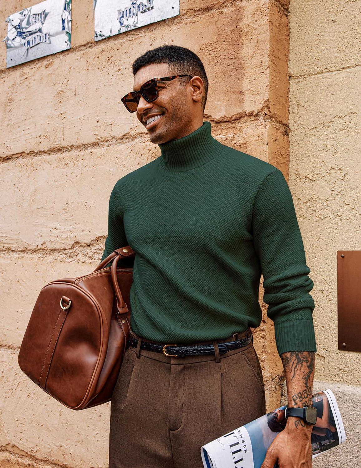 imagePJ PAUL JONES Mens Turtleneck Sweaters Long Sleeve Mock Neck Knit Sweaters Ribbed Slim Pullover SweaterDark Green