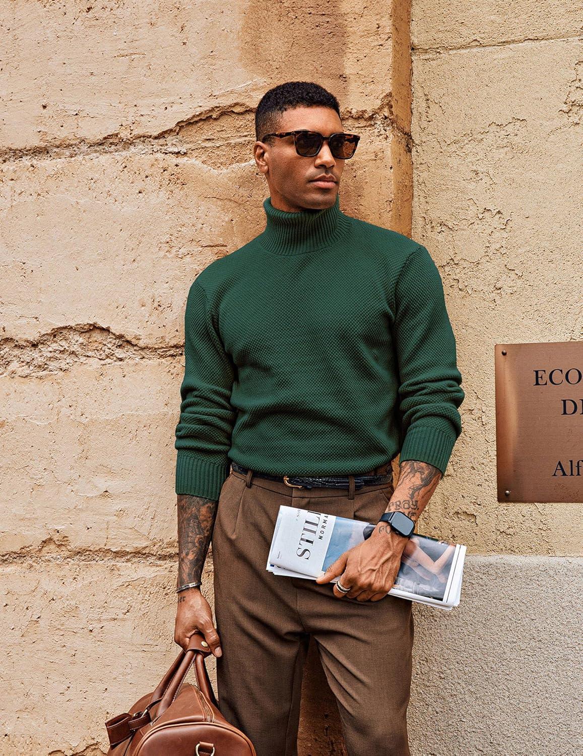 imagePJ PAUL JONES Mens Turtleneck Sweaters Long Sleeve Mock Neck Knit Sweaters Ribbed Slim Pullover SweaterDark Green