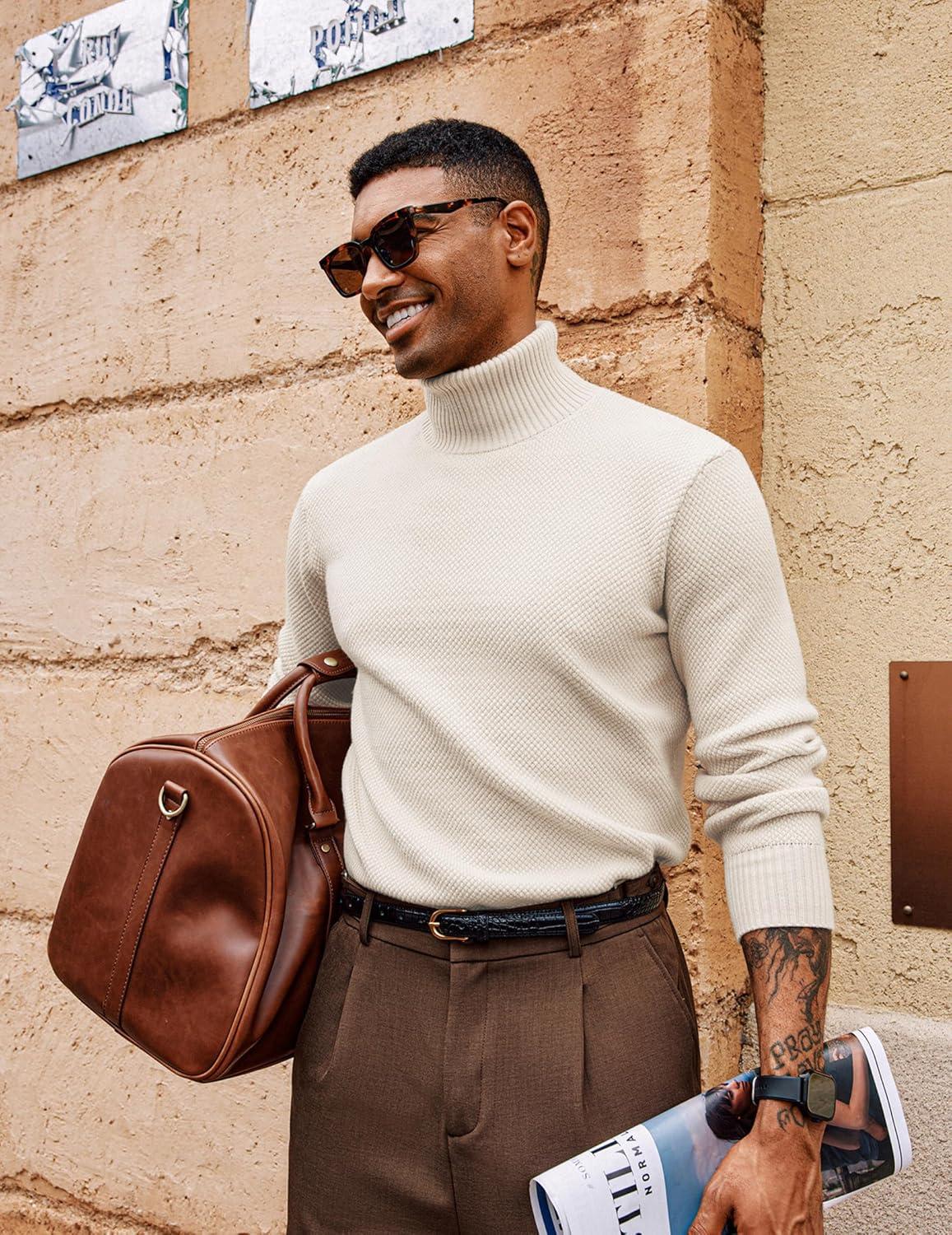 imagePJ PAUL JONES Mens Turtleneck Sweaters Long Sleeve Mock Neck Knit Sweaters Ribbed Slim Pullover SweaterIvory White