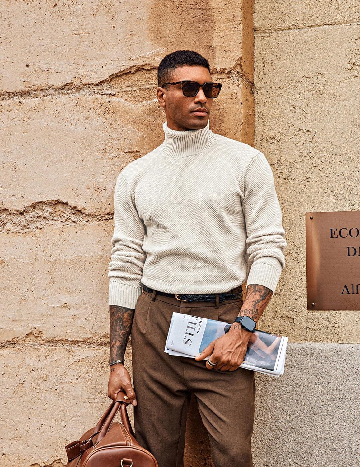 imagePJ PAUL JONES Mens Turtleneck Sweaters Long Sleeve Mock Neck Knit Sweaters Ribbed Slim Pullover SweaterIvory White