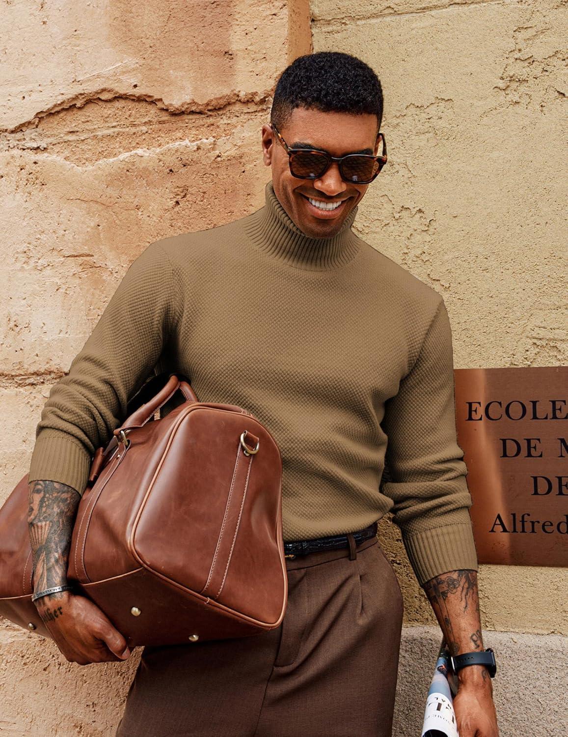 imagePJ PAUL JONES Mens Turtleneck Sweaters Long Sleeve Mock Neck Knit Sweaters Ribbed Slim Pullover SweaterKhaki