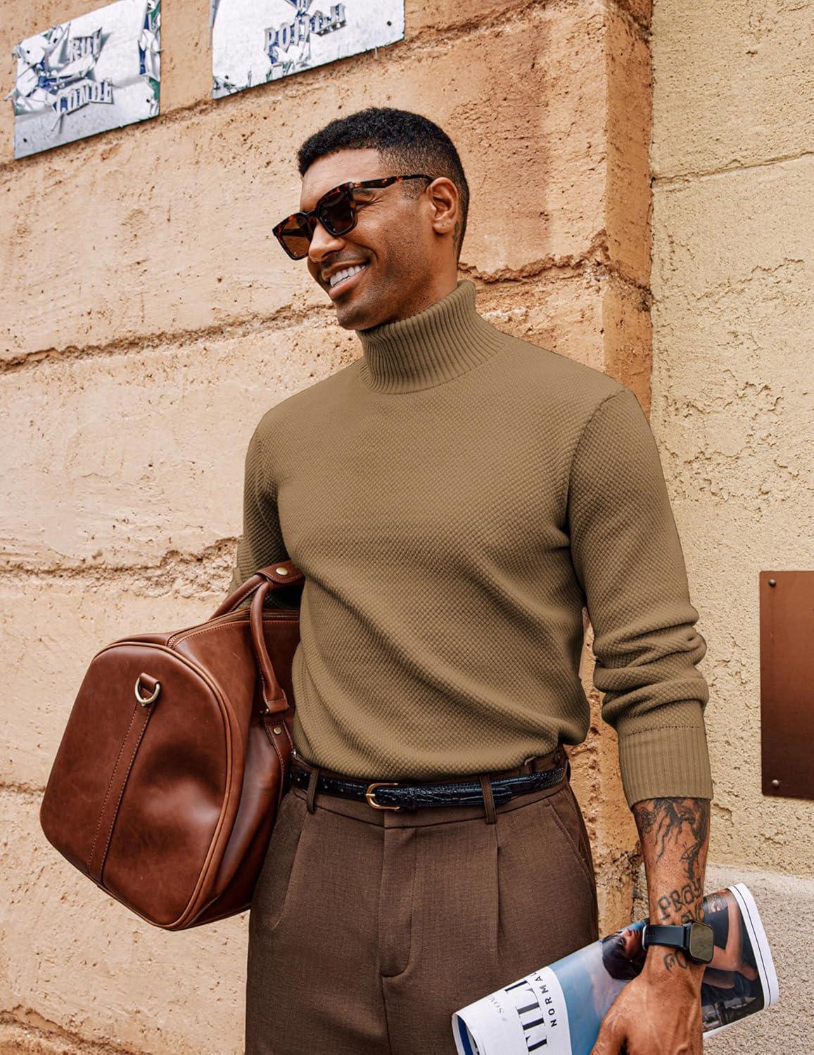 imagePJ PAUL JONES Mens Turtleneck Sweaters Long Sleeve Mock Neck Knit Sweaters Ribbed Slim Pullover SweaterKhaki