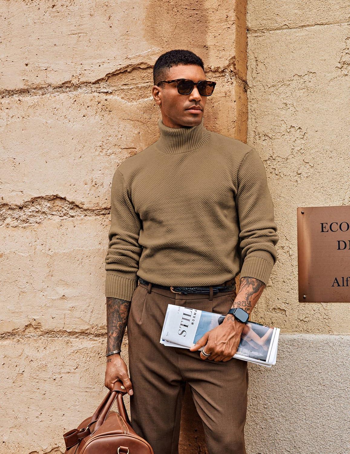 imagePJ PAUL JONES Mens Turtleneck Sweaters Long Sleeve Mock Neck Knit Sweaters Ribbed Slim Pullover SweaterKhaki