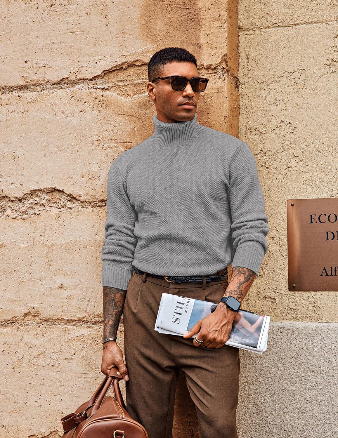 imagePJ PAUL JONES Mens Turtleneck Sweaters Long Sleeve Mock Neck Knit Sweaters Ribbed Slim Pullover SweaterLight Grey