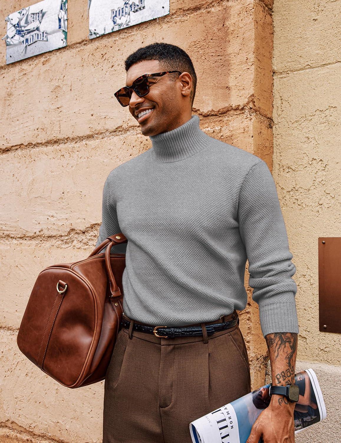 imagePJ PAUL JONES Mens Turtleneck Sweaters Long Sleeve Mock Neck Knit Sweaters Ribbed Slim Pullover SweaterLight Grey