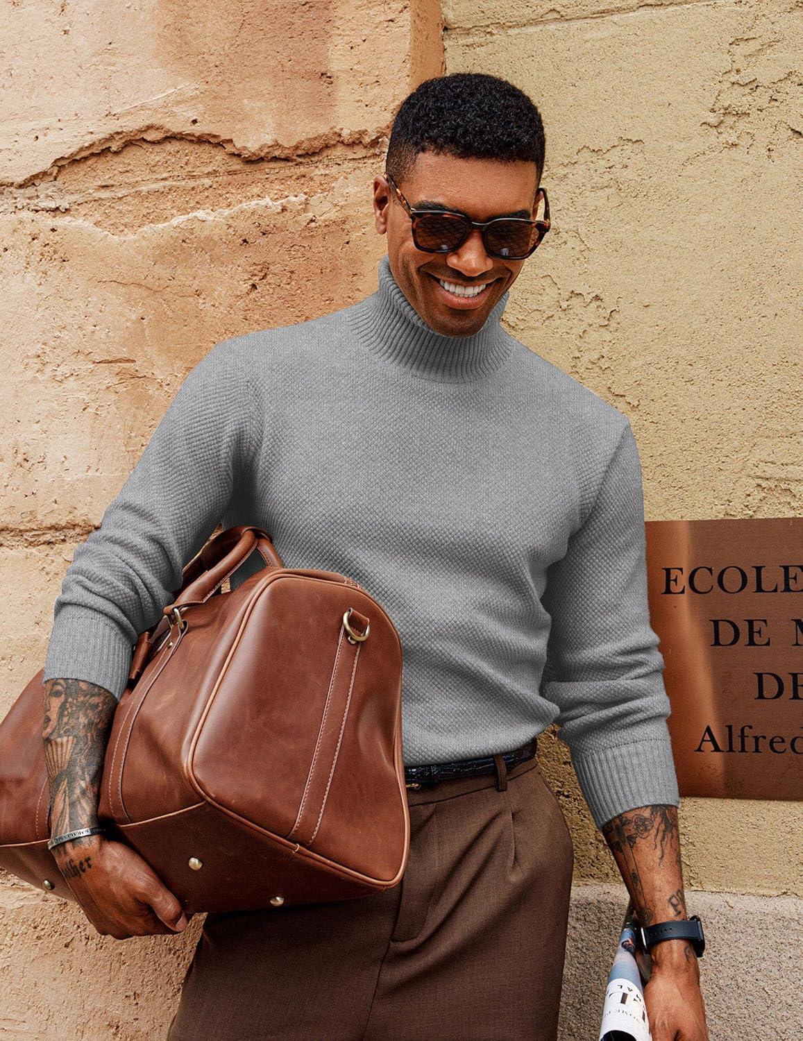 imagePJ PAUL JONES Mens Turtleneck Sweaters Long Sleeve Mock Neck Knit Sweaters Ribbed Slim Pullover SweaterLight Grey