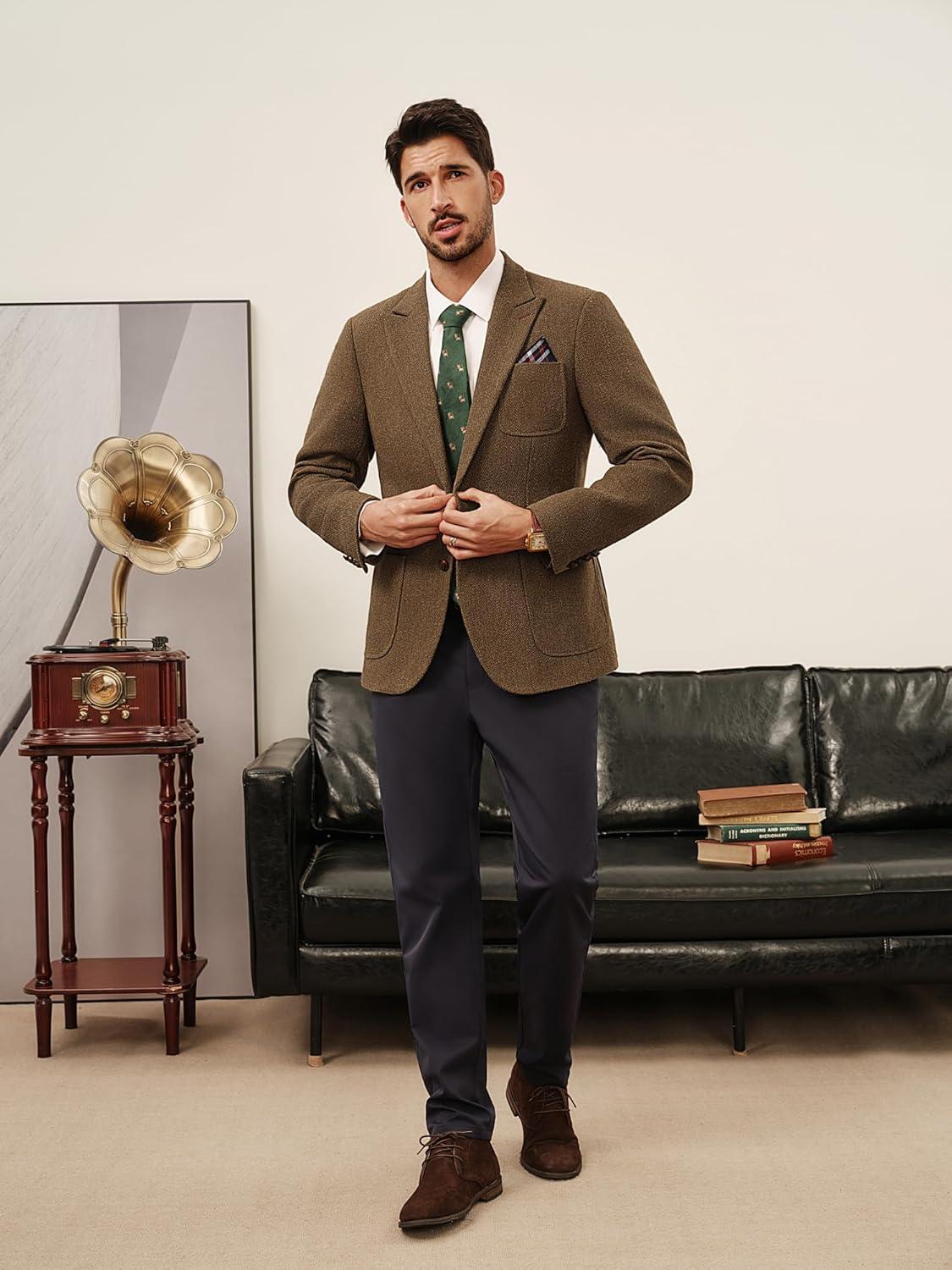 imagePJ PAUL JONES Mens Tweed Blazer Wool Sport Coat Two Button Peak Lapel Vintage Suit JacketsBrown