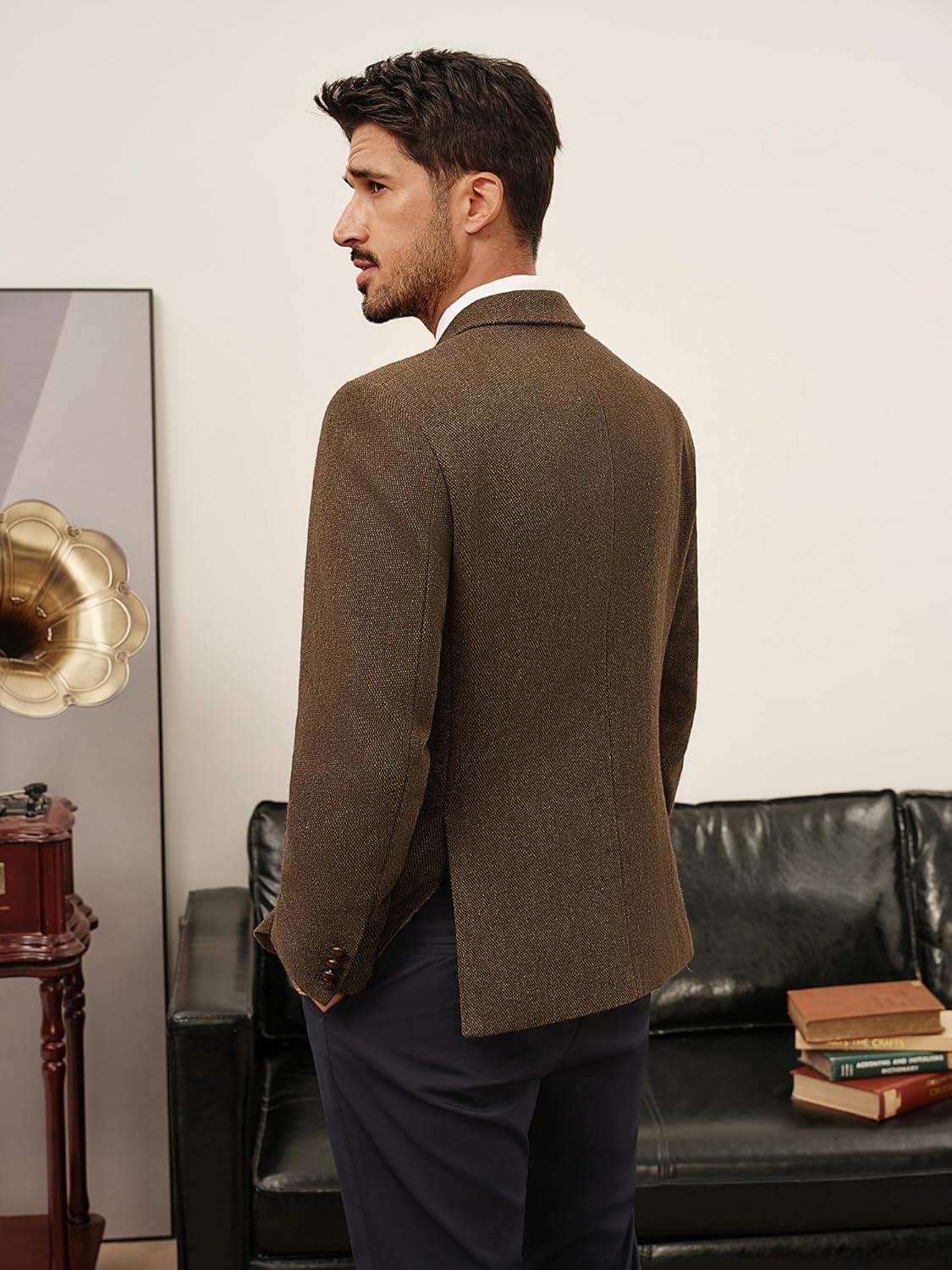 imagePJ PAUL JONES Mens Tweed Blazer Wool Sport Coat Two Button Peak Lapel Vintage Suit JacketsBrown