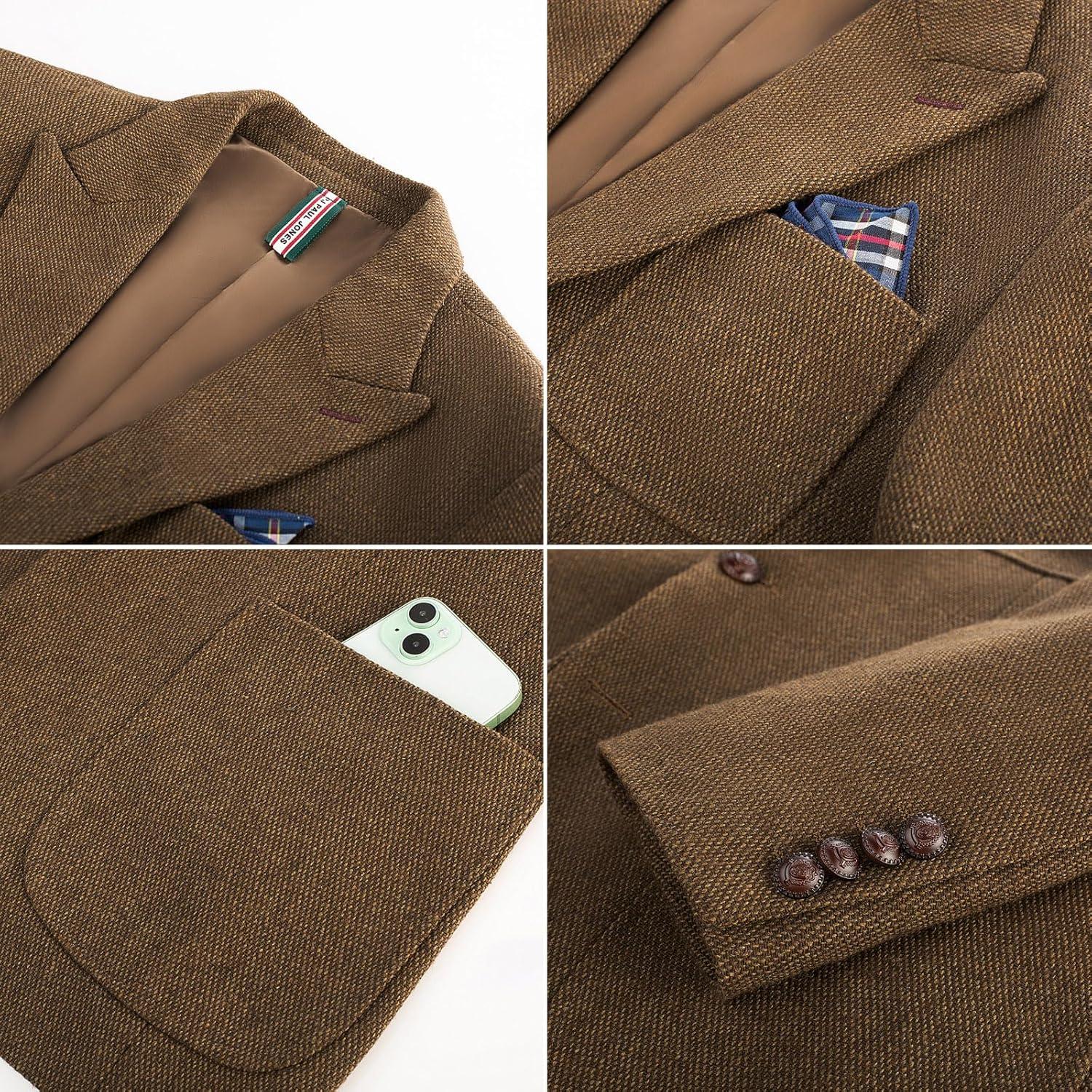 imagePJ PAUL JONES Mens Tweed Blazer Wool Sport Coat Two Button Peak Lapel Vintage Suit JacketsBrown