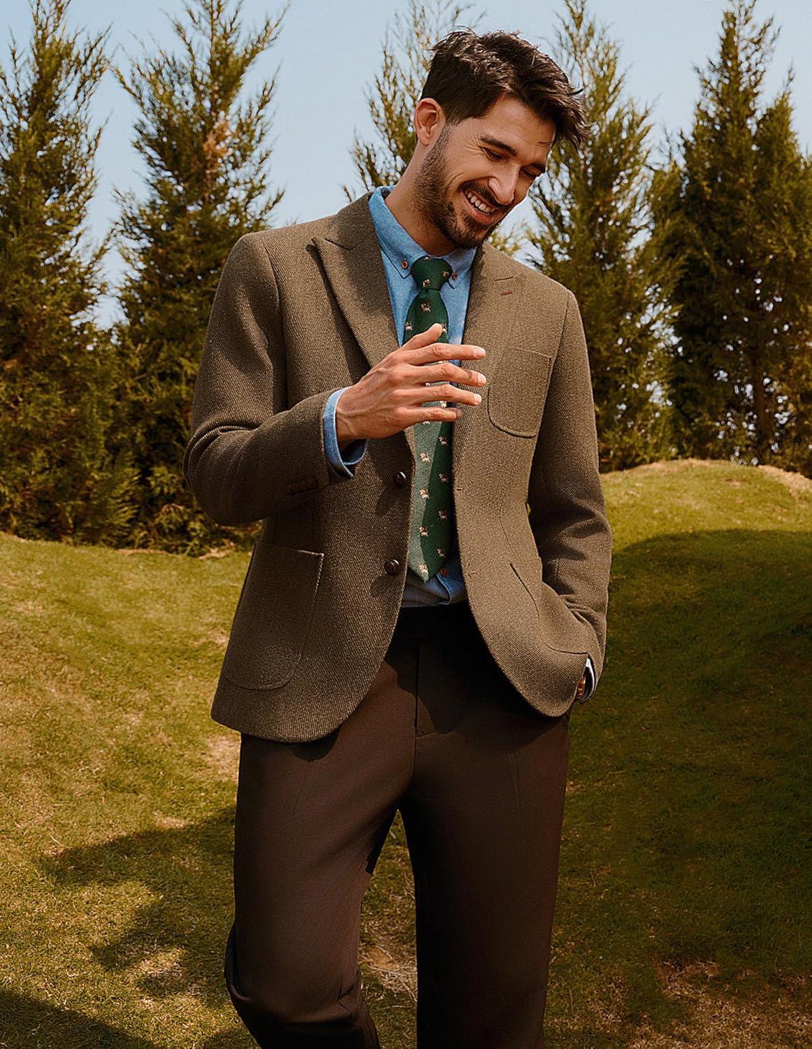 imagePJ PAUL JONES Mens Tweed Blazer Wool Sport Coat Two Button Peak Lapel Vintage Suit JacketsBrown