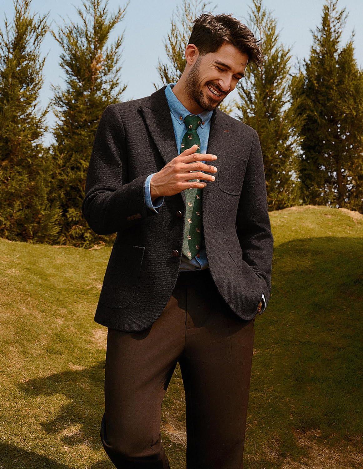 imagePJ PAUL JONES Mens Tweed Blazer Wool Sport Coat Two Button Peak Lapel Vintage Suit JacketsDark Coffee