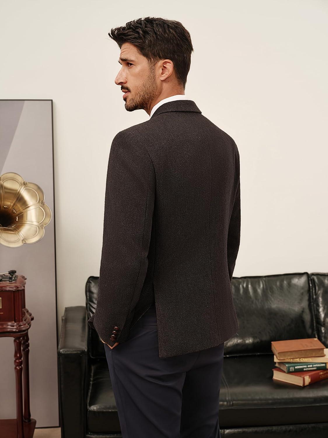 imagePJ PAUL JONES Mens Tweed Blazer Wool Sport Coat Two Button Peak Lapel Vintage Suit JacketsDark Coffee