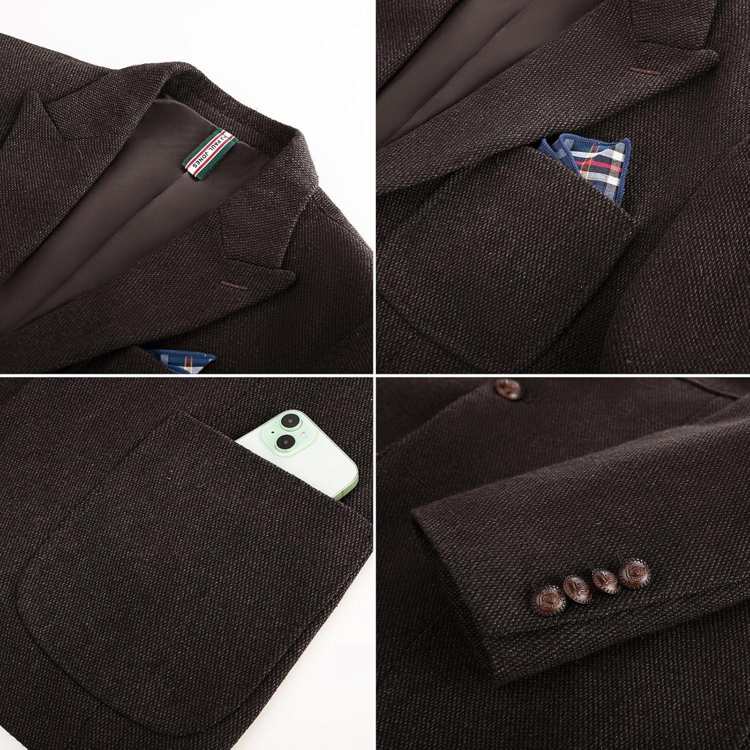 imagePJ PAUL JONES Mens Tweed Blazer Wool Sport Coat Two Button Peak Lapel Vintage Suit JacketsDark Coffee