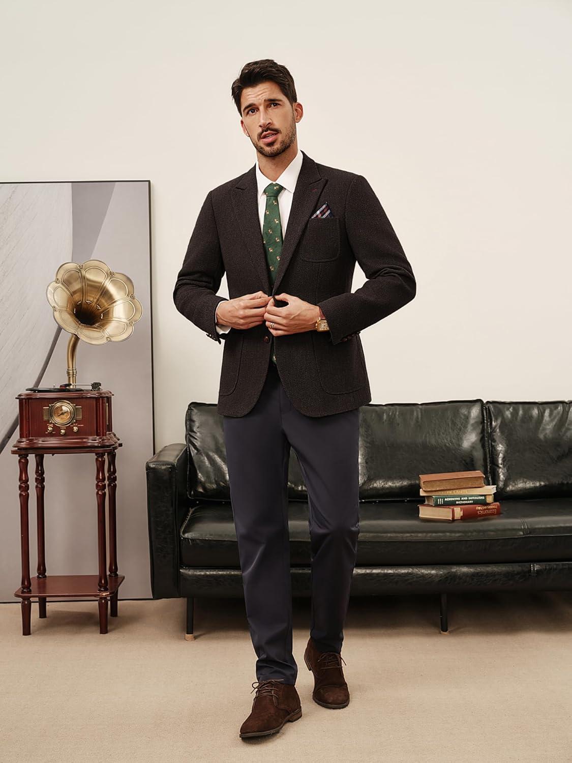 imagePJ PAUL JONES Mens Tweed Blazer Wool Sport Coat Two Button Peak Lapel Vintage Suit JacketsDark Coffee