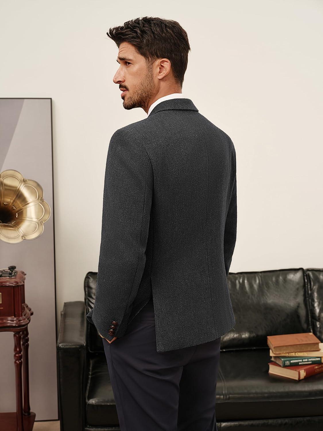 imagePJ PAUL JONES Mens Tweed Blazer Wool Sport Coat Two Button Peak Lapel Vintage Suit JacketsDark Grey