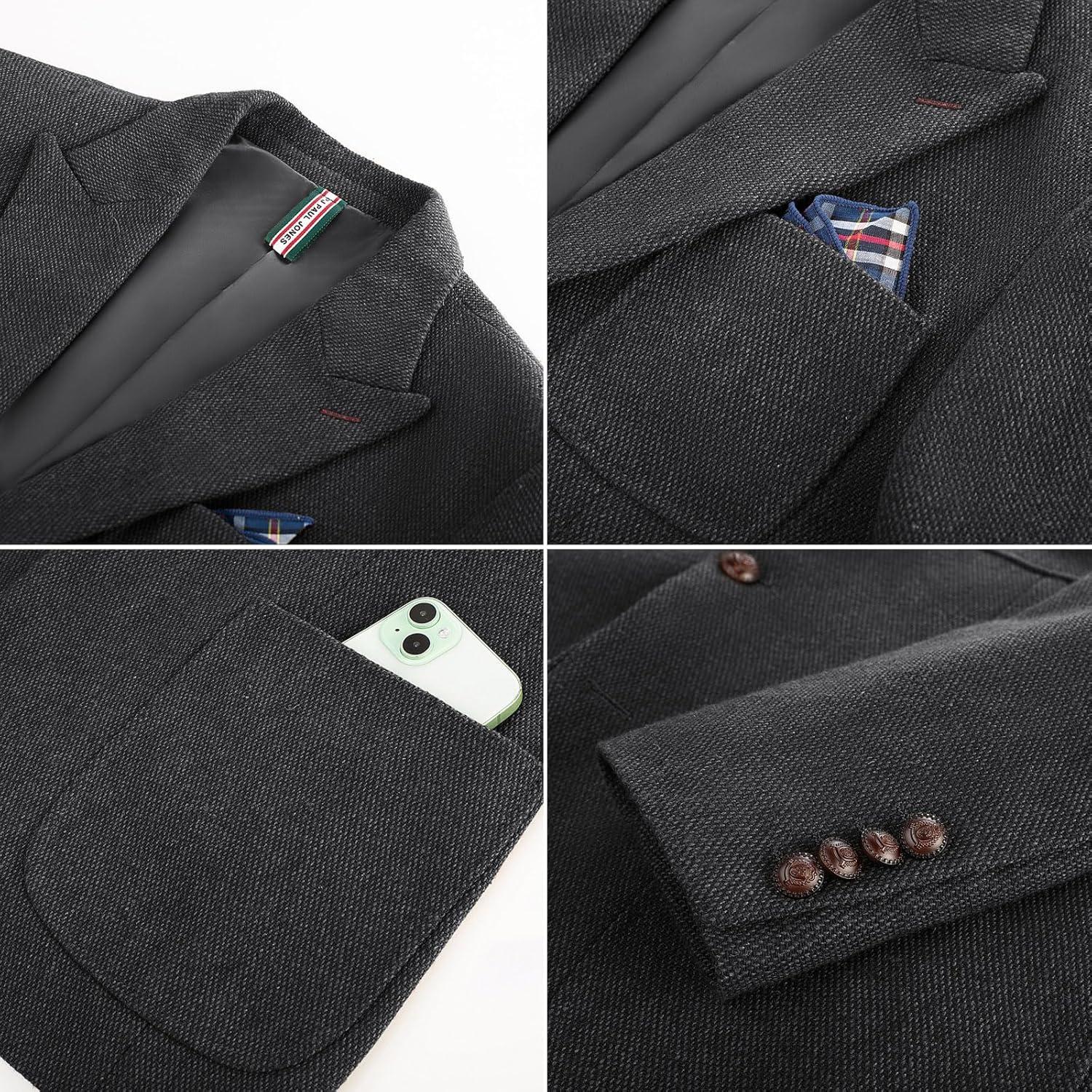 imagePJ PAUL JONES Mens Tweed Blazer Wool Sport Coat Two Button Peak Lapel Vintage Suit JacketsDark Grey