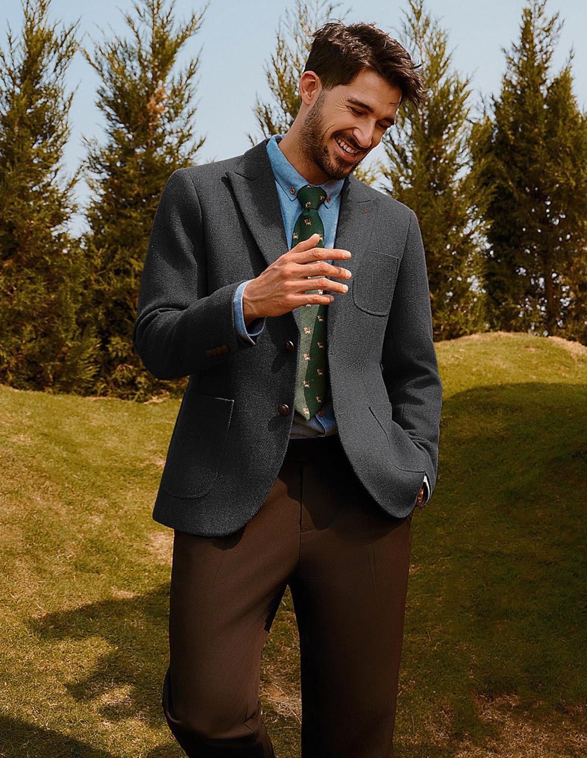 imagePJ PAUL JONES Mens Tweed Blazer Wool Sport Coat Two Button Peak Lapel Vintage Suit JacketsDark Grey